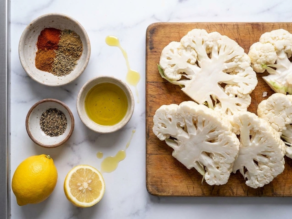 Measured spices, olive oil, and lemon arranged in small bowls next to thick cauliflower slices on a kitchen counter