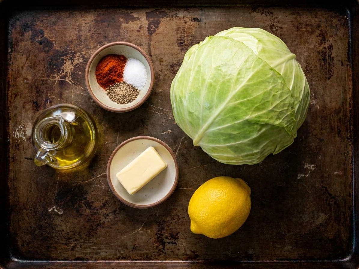 Measured spices, olive oil, butter, a lemon, and a head of green cabbage arranged on a clean kitchen counter in natural light