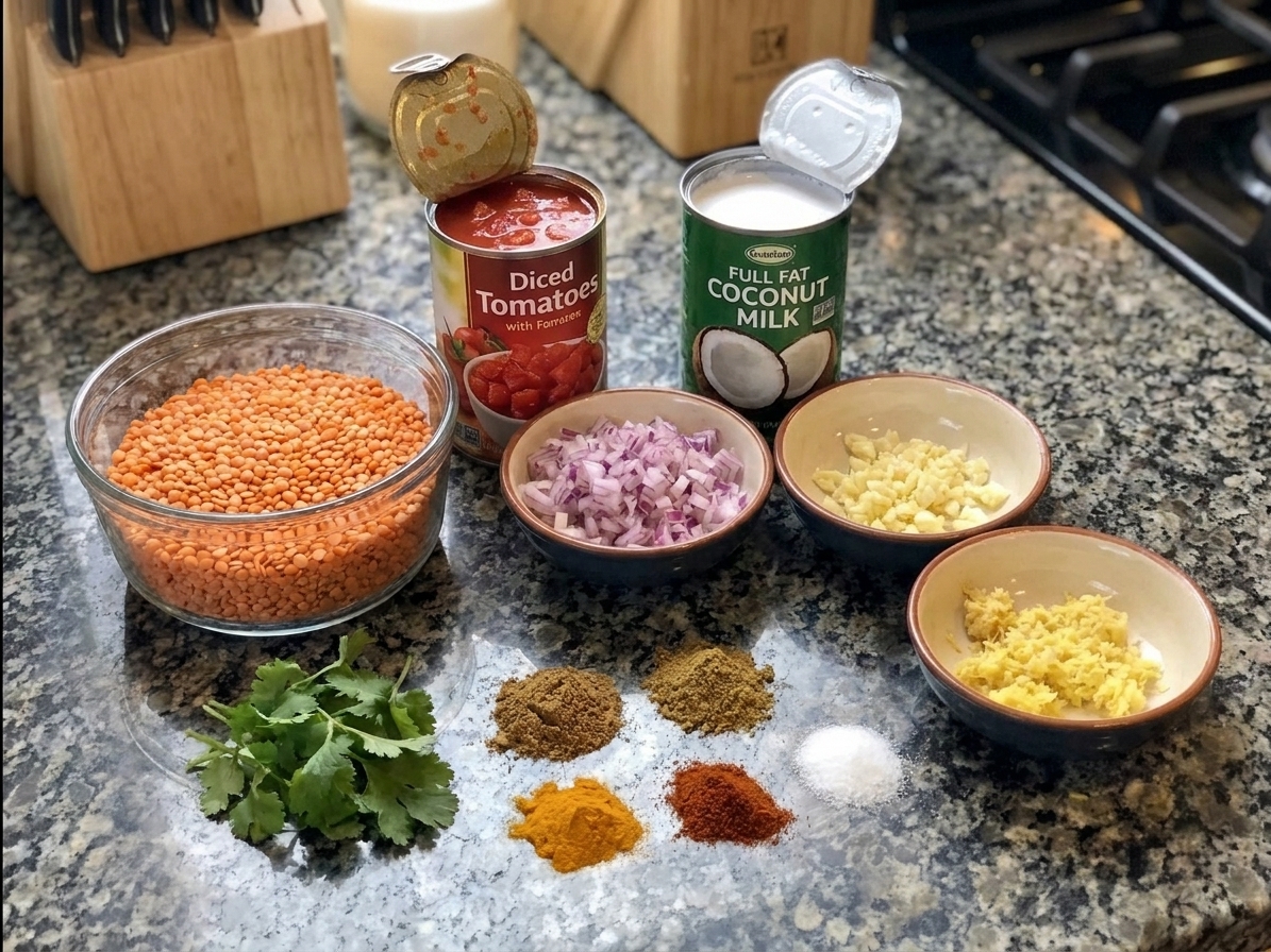 Measured spices, red lentils, canned tomatoes, coconut milk, onion, garlic, ginger, and cilantro arranged on a kitchen counter with warm natural light