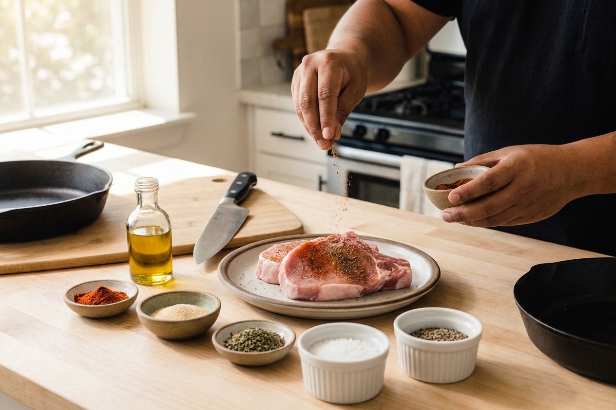 Measured spices, salt, pepper, and olive oil arranged on a light kitchen counter next to raw pork loin chops on a plate, prep scene with soft daylight