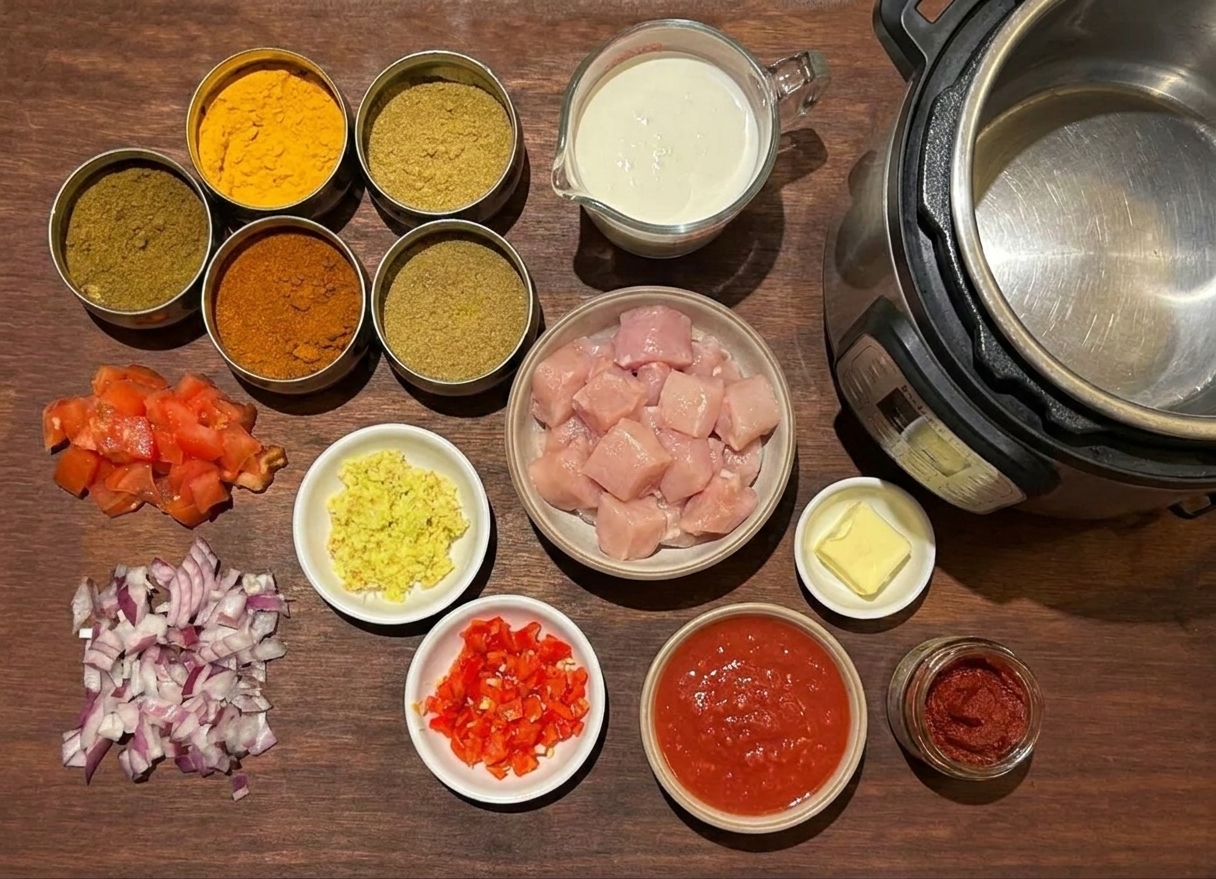Measured spices, tomato paste, crushed tomatoes, cream, butter, ginger, garlic, and cubed chicken arranged on a clean kitchen counter next to an Instant Pot