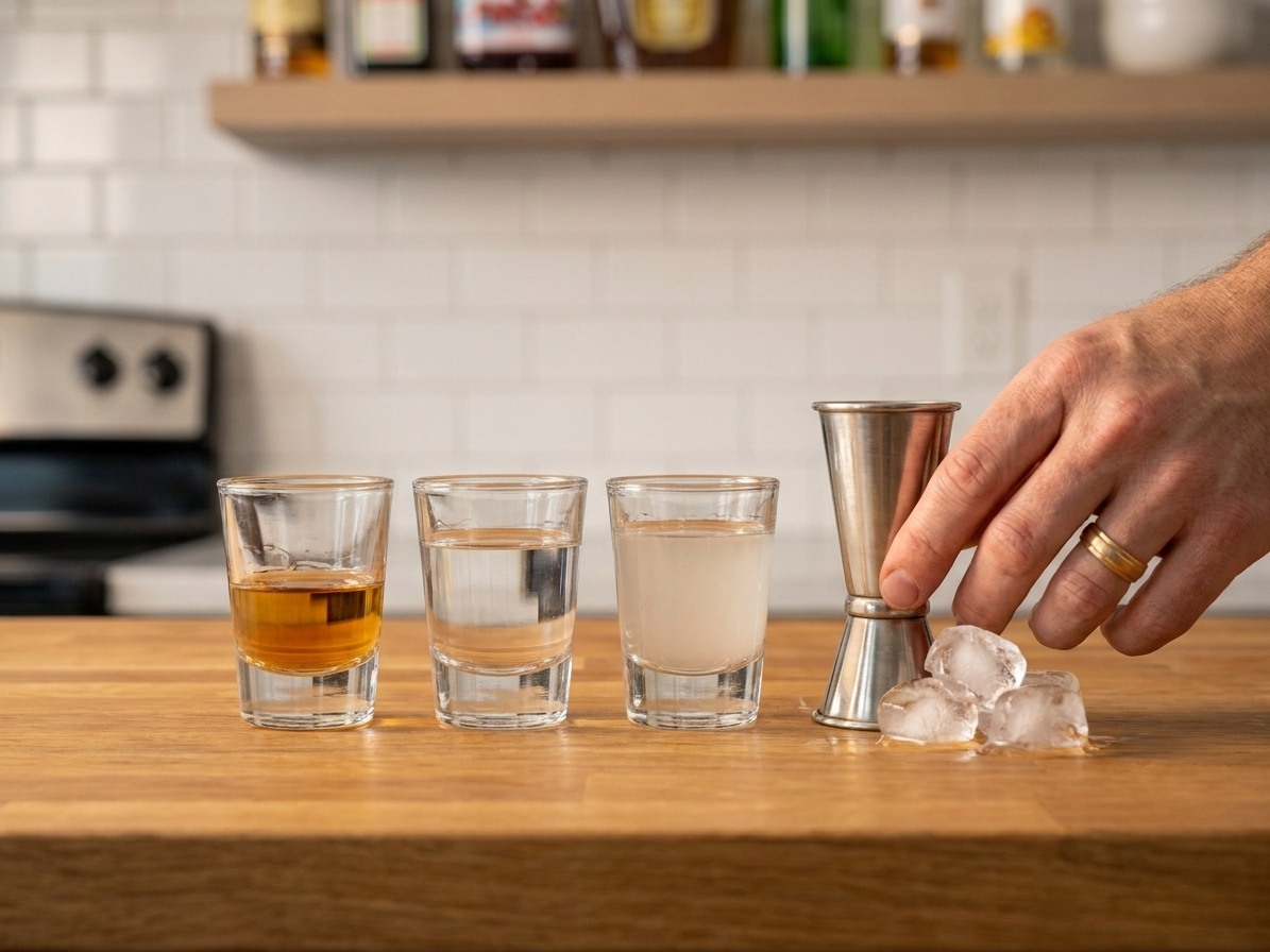 Measured spirits in small glass cups on a kitchen counter: Canadian whisky, peach schnapps, and coconut rum next to a jigger and ice