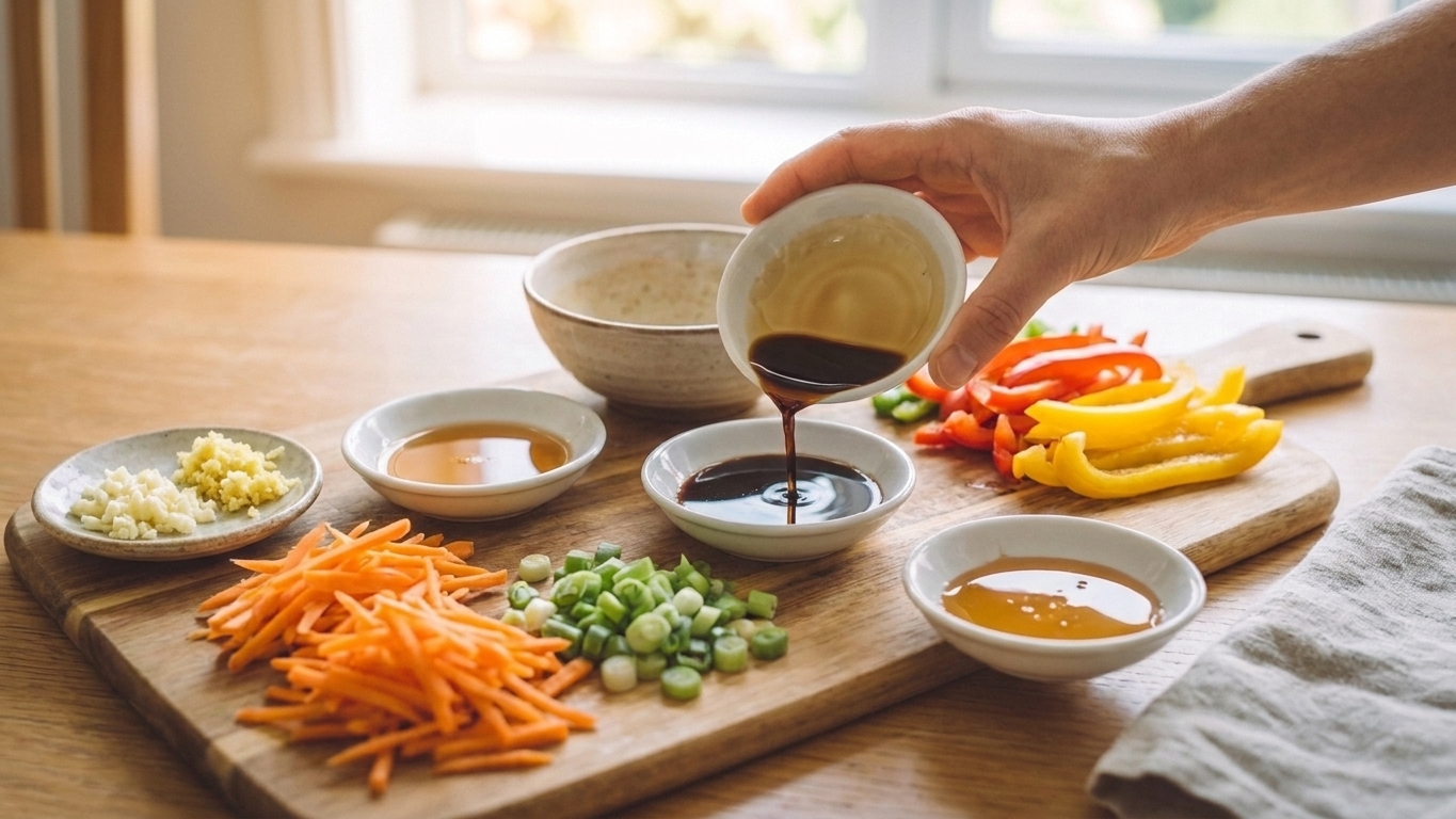 Measured stir-fry ingredients including soy sauce, sesame oil, honey, minced garlic, grated ginger, sliced bell peppers, shredded carrots, and green onions arranged on a bright kitchen counter