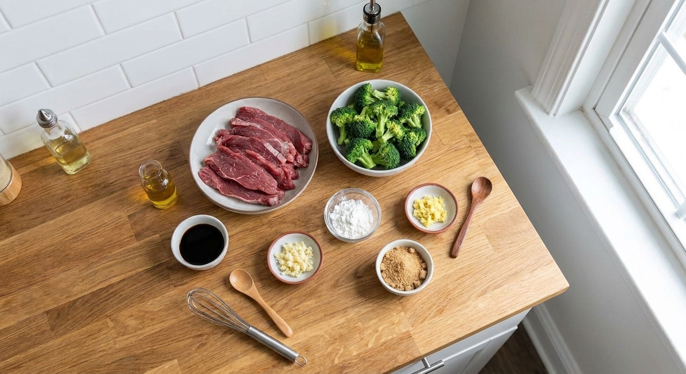 Measured stir fry ingredients on a kitchen counter including sliced flank steak, broccoli florets, soy sauce, cornstarch, garlic, ginger, and brown sugar in small bowls
