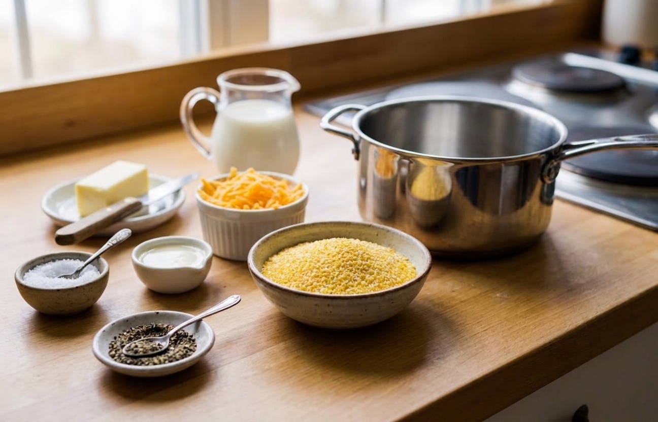 Measured stone ground grits, butter, sharp cheddar, milk, salt, and black pepper arranged on a light kitchen counter with a saucepan nearby