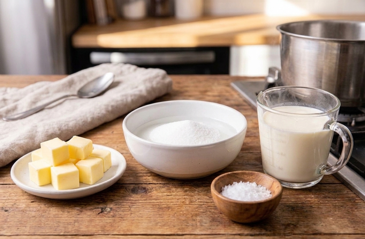 Measured sugar and water in a small bowl, butter pieces on a plate, warmed cream in a glass measuring cup, and a pinch bowl of flaky salt on a clean counter