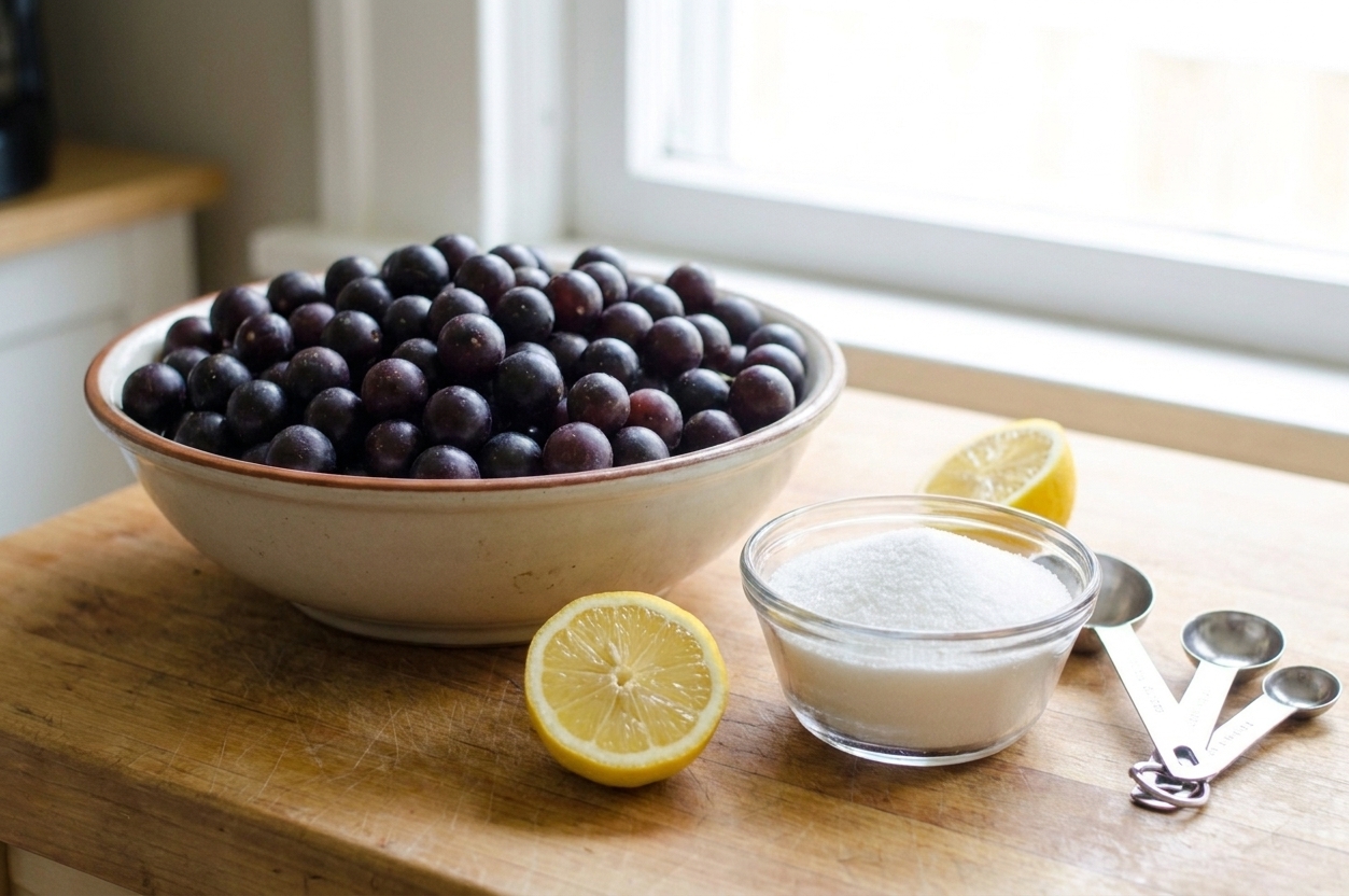 Measured sugar in a bowl next to whole muscadine grapes and a halved lemon on a kitchen counter with measuring spoons