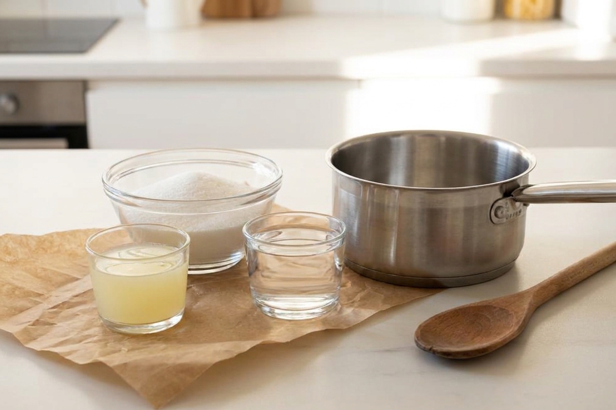 Measured sugar, lemon juice, and water next to a small saucepan on a clean kitchen counter, ready to make sugar wax