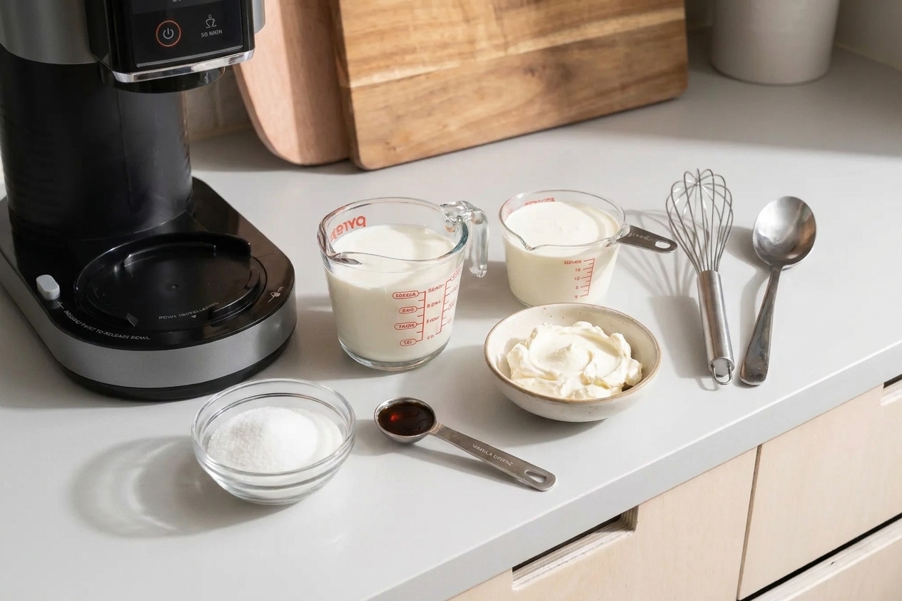 Measured sugar, vanilla extract, whole milk, heavy cream, and softened cream cheese arranged on a kitchen counter ready to mix