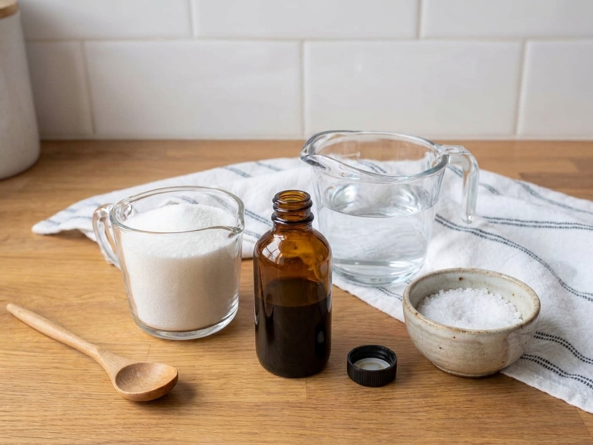 Measured sugar, water, vanilla extract, and a pinch bowl of salt arranged on a clean kitchen counter