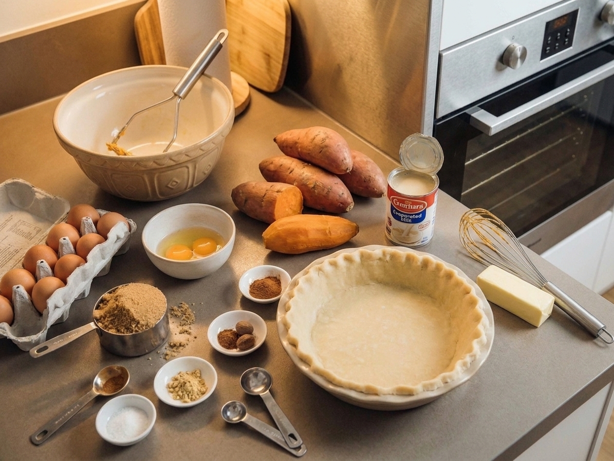 Measured sweet potato pie ingredients on a warm kitchen counter including sweet potatoes, eggs, brown sugar, evaporated milk, butter, spices, and an unbaked deep-dish pie crust