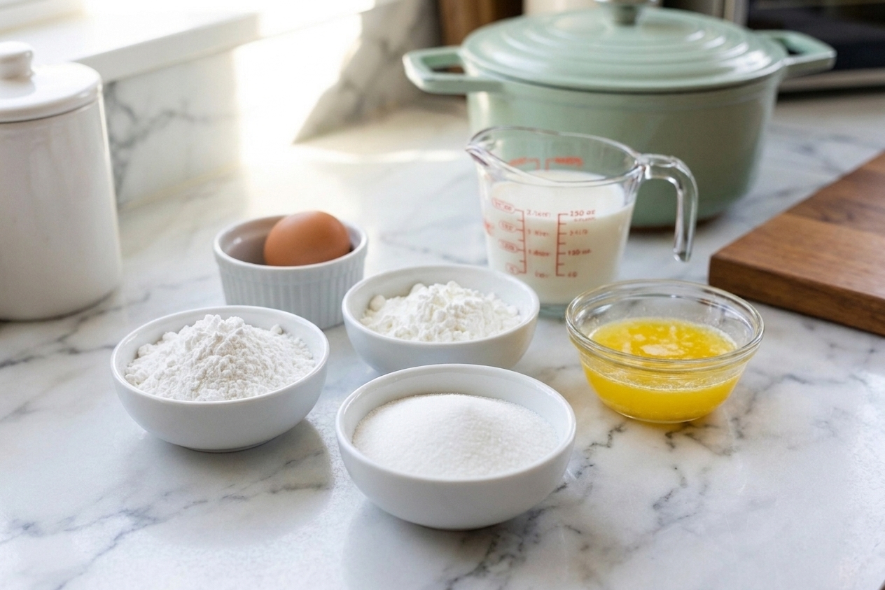 Measured sweet rice flour, cornstarch, sugar, egg, milk, and melted butter set out on a bright kitchen counter