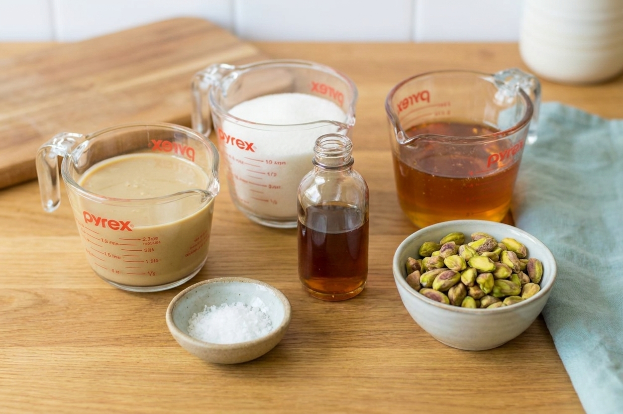 Measured tahini, granulated sugar, honey, vanilla extract, and salt arranged on a tidy kitchen counter with a small bowl of pistachios