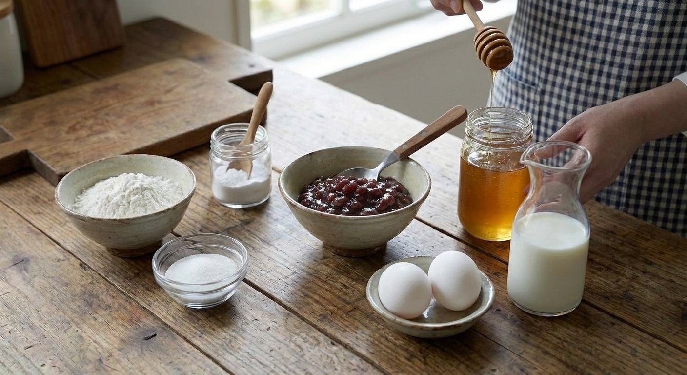Measured taiyaki ingredients on a kitchen counter including flour, sugar, baking powder, eggs, milk, honey, and a bowl of sweet red bean paste