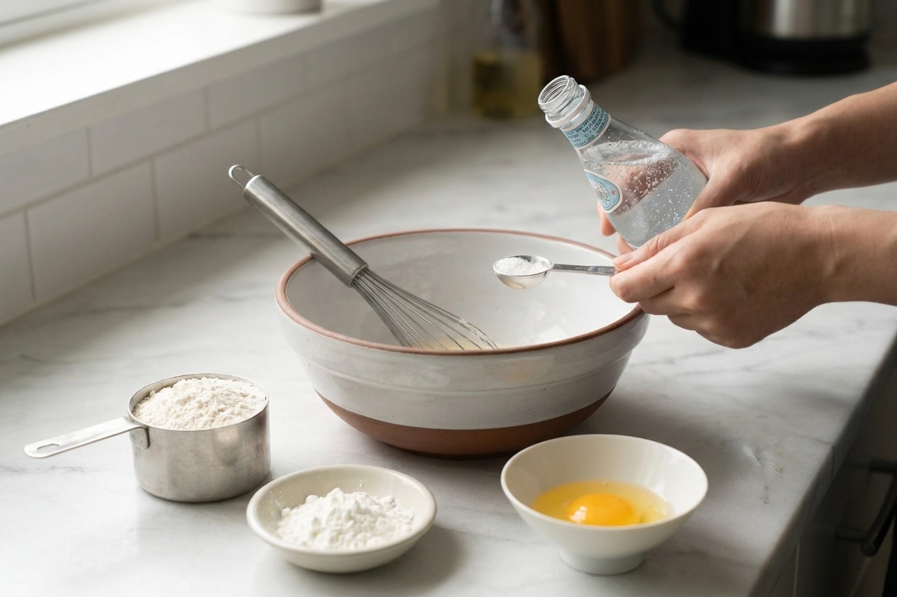 Measured tempura batter ingredients including flour, cornstarch, egg, and sparkling water arranged beside a mixing bowl in a home kitchen