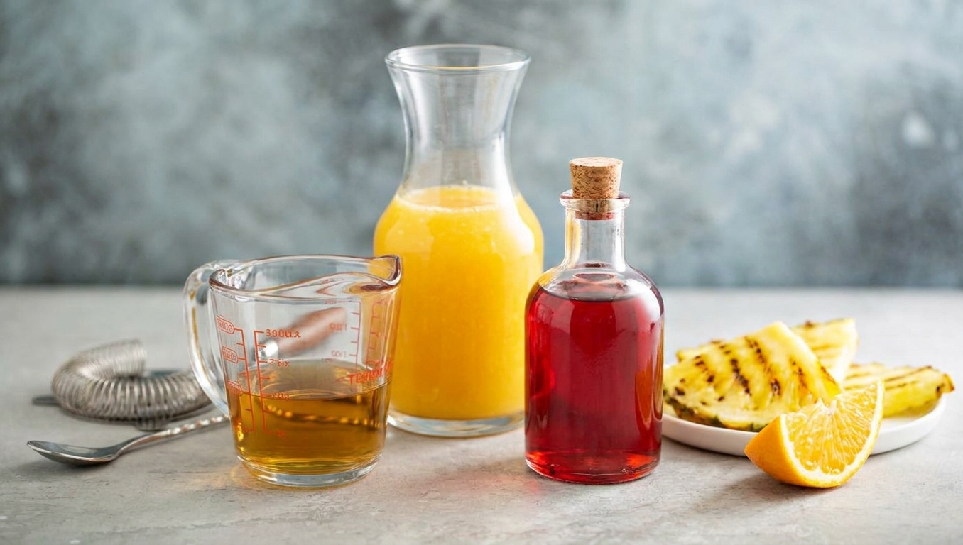 Measured tequila, fresh orange juice, a small bottle of grenadine, and garnishes arranged on a tidy kitchen counter