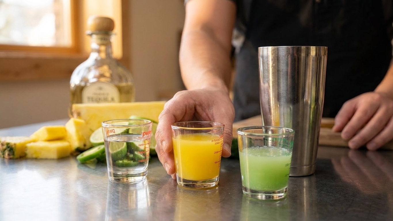 Measured tequila, pineapple juice, and fresh lime juice in small glass measuring cups beside a cocktail shaker on a clean kitchen counter