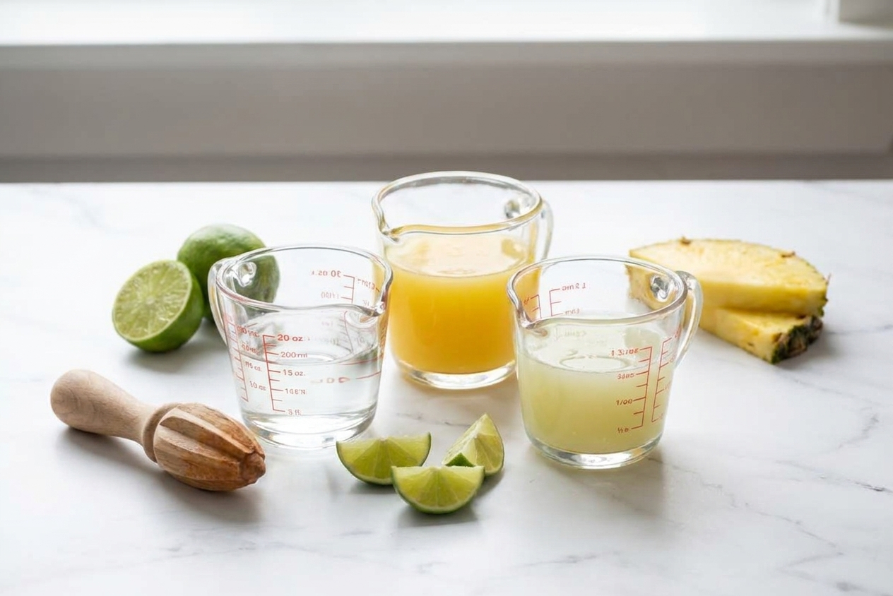 Measured tequila, pineapple juice, and freshly squeezed lime juice in small glass measuring cups on a kitchen counter
