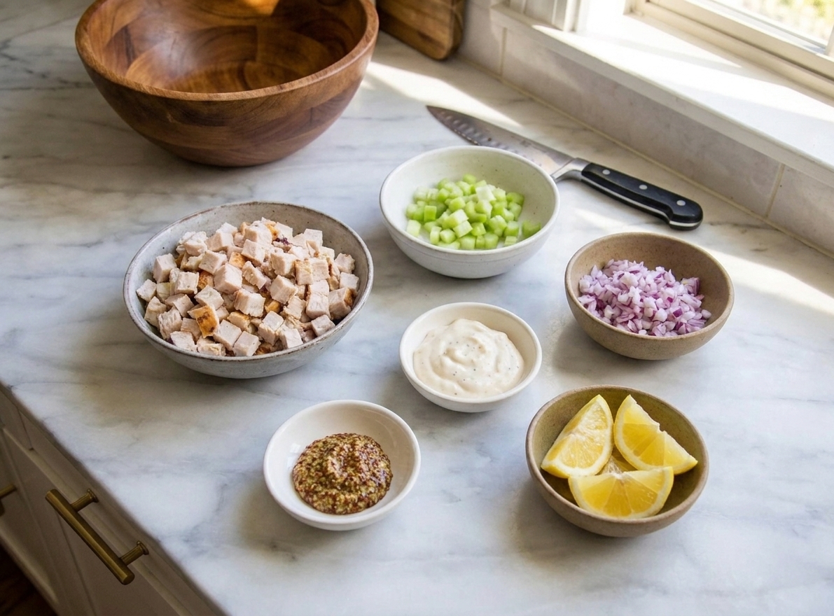 Measured turkey salad ingredients arranged on a clean kitchen counter with bowls of chopped turkey, celery, red onion, mayo, mustard, and lemon