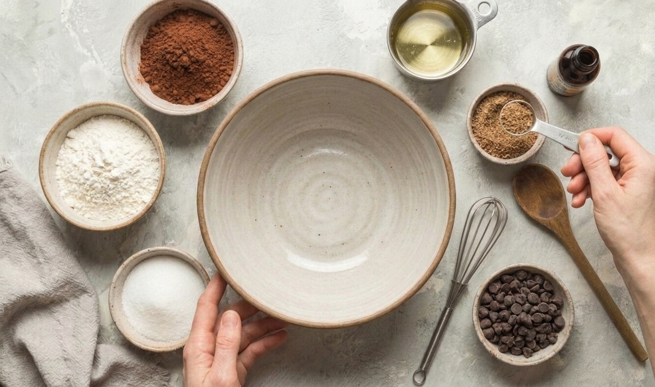 Measured vegan brownie ingredients on a kitchen counter, including cocoa powder, flour, sugar, dark chocolate, oil, vanilla, and a small bowl of ground flaxseed