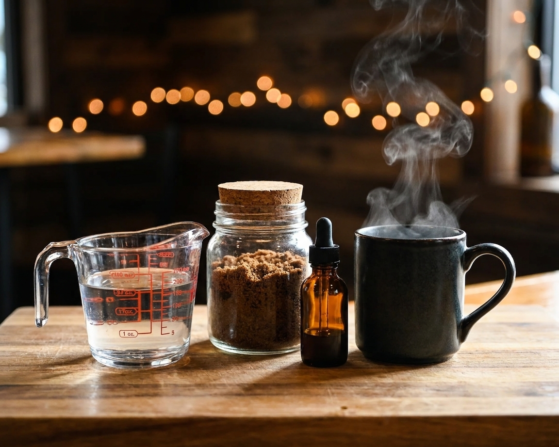 Measured vodka, a jar of brown sugar, a bottle of vanilla extract, and a mug of strong coffee arranged on a kitchen counter