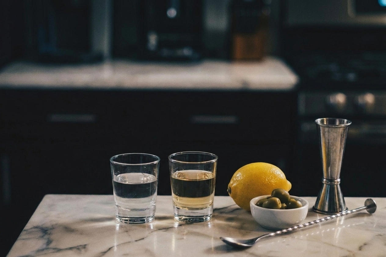 Measured vodka and dry vermouth beside a lemon and green olives on a stone counter, ready to be mixed