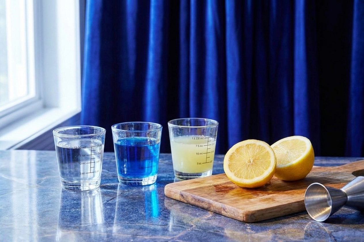 Measured vodka, blue curaao, and fresh lemon juice in small glass measuring cups on a kitchen counter next to a cutting board with a halved lemon