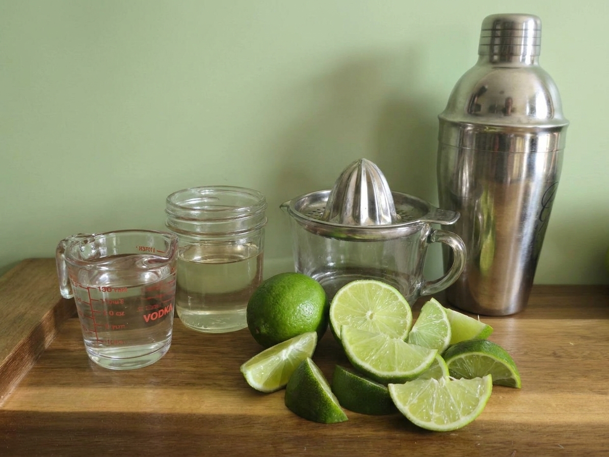 Measured vodka, fresh limes, and simple syrup set out on a kitchen counter with a juicer and cocktail shaker