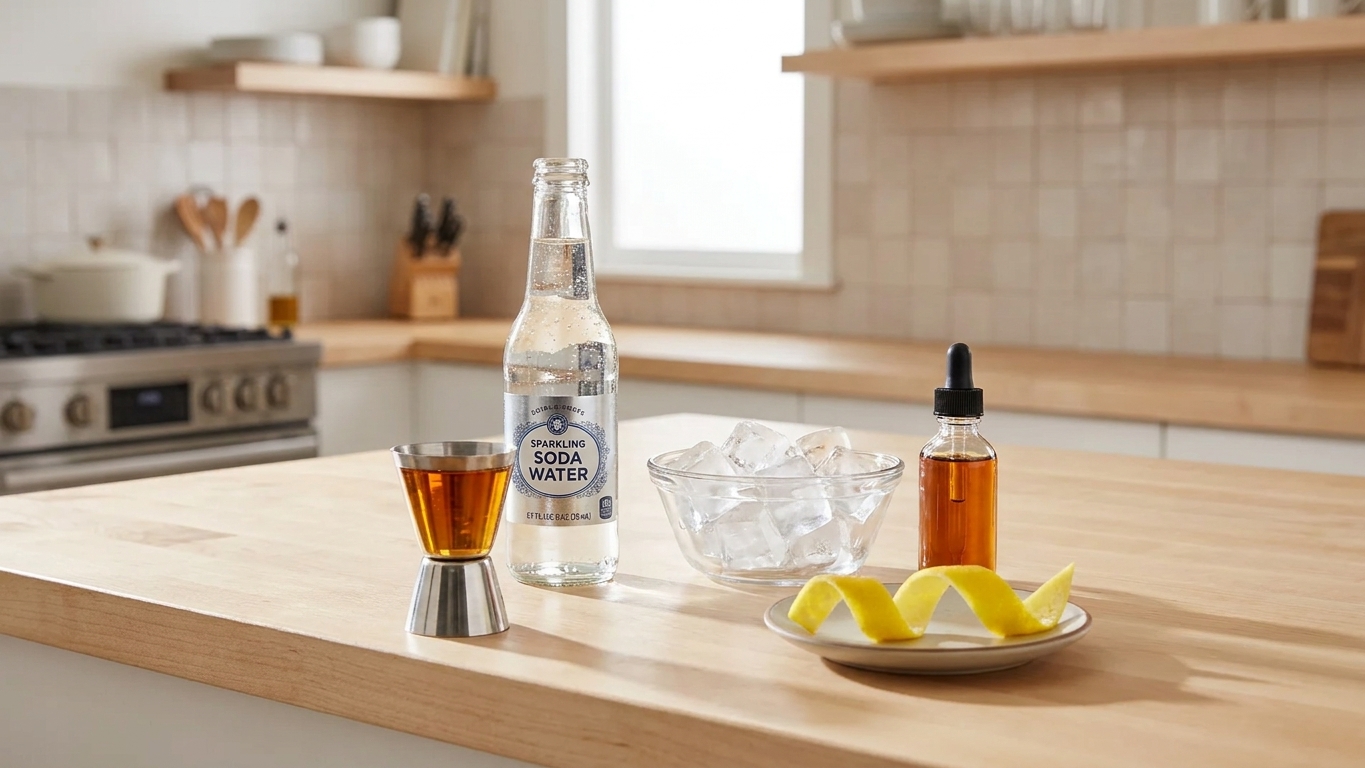 Measured whiskey in a jigger, soda water, a lemon twist, bitters, and ice cubes laid out on a kitchen counter