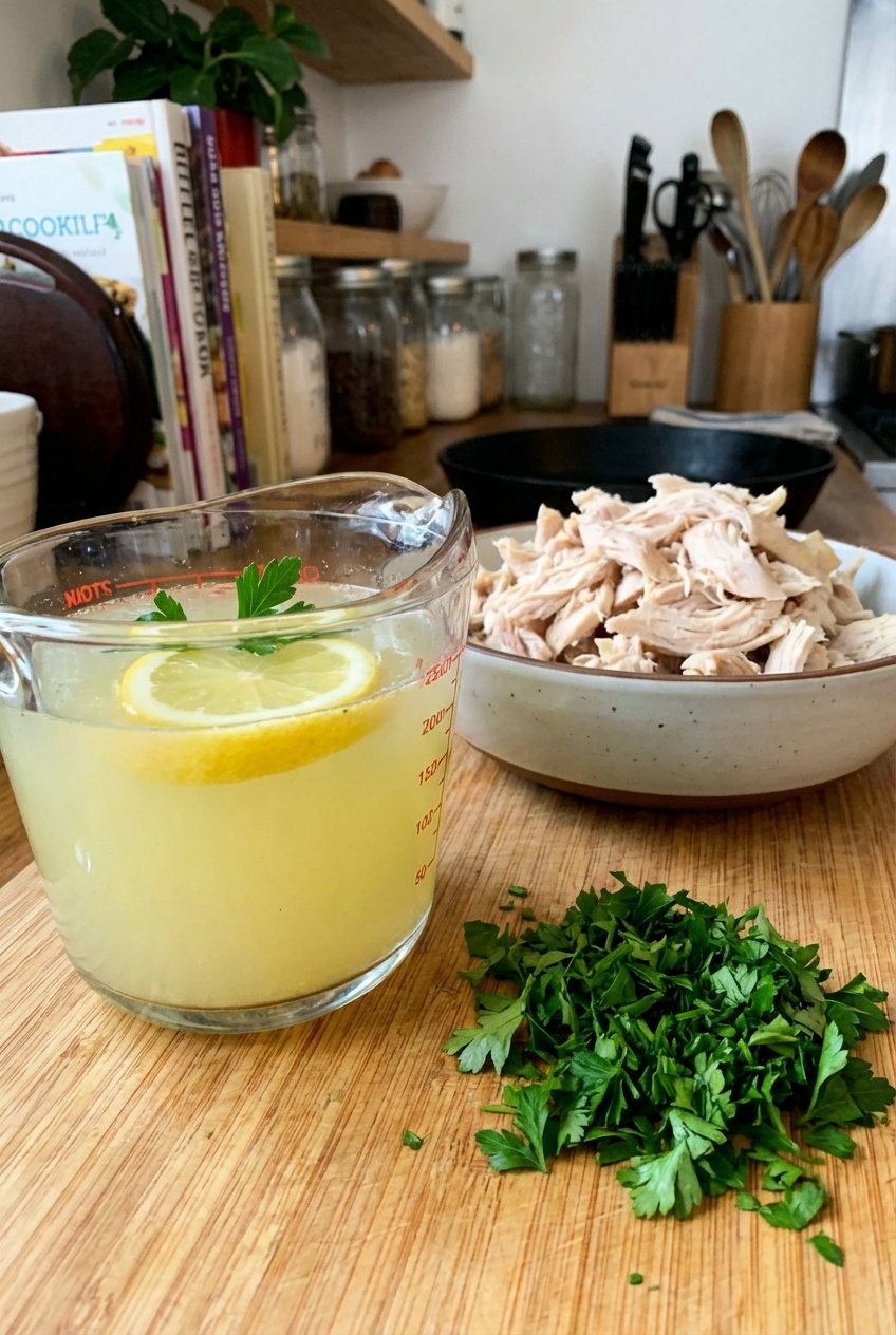 Measuring cup of citrusy cooking liquid next to shredded chicken and chopped parsley