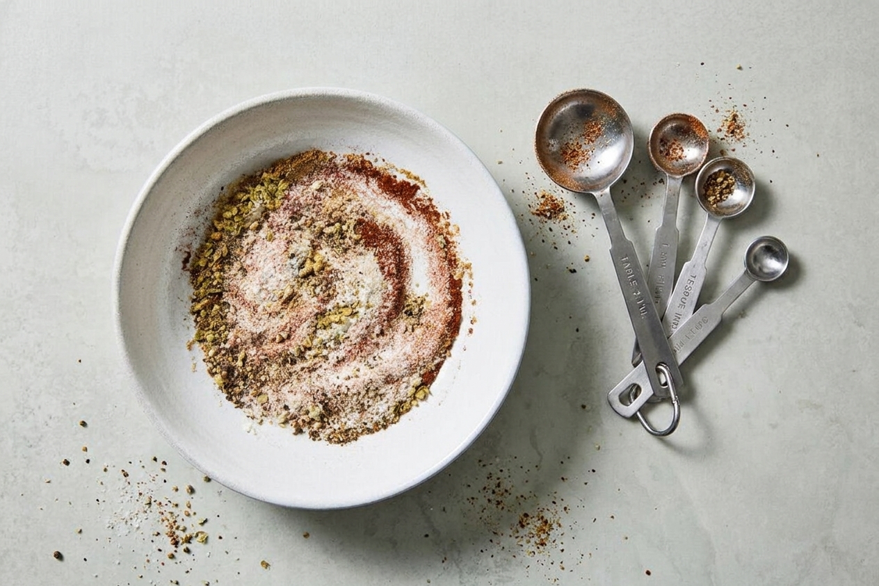 Measuring spoons and a small mixing bowl with spices on a home kitchen counter, ready to be mixed