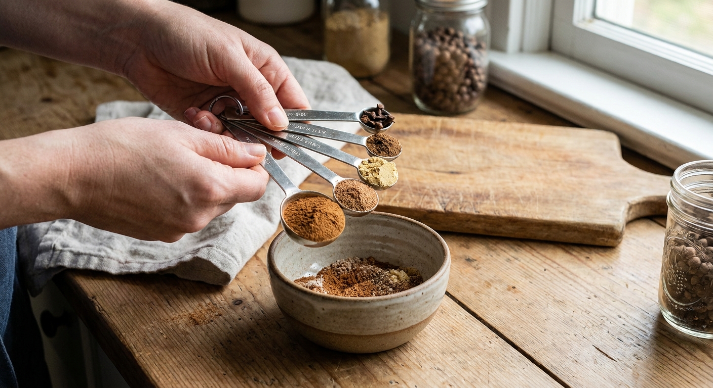 Measuring spoons filled with ground cinnamon, nutmeg, ginger, allspice, and cloves over a small bowl on a kitchen counter