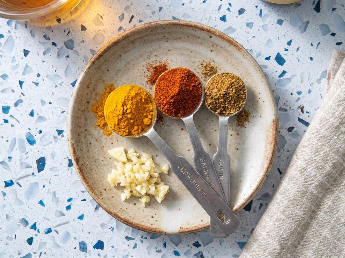 Measuring spoons holding turmeric, paprika, and cumin on a small plate beside minced garlic
