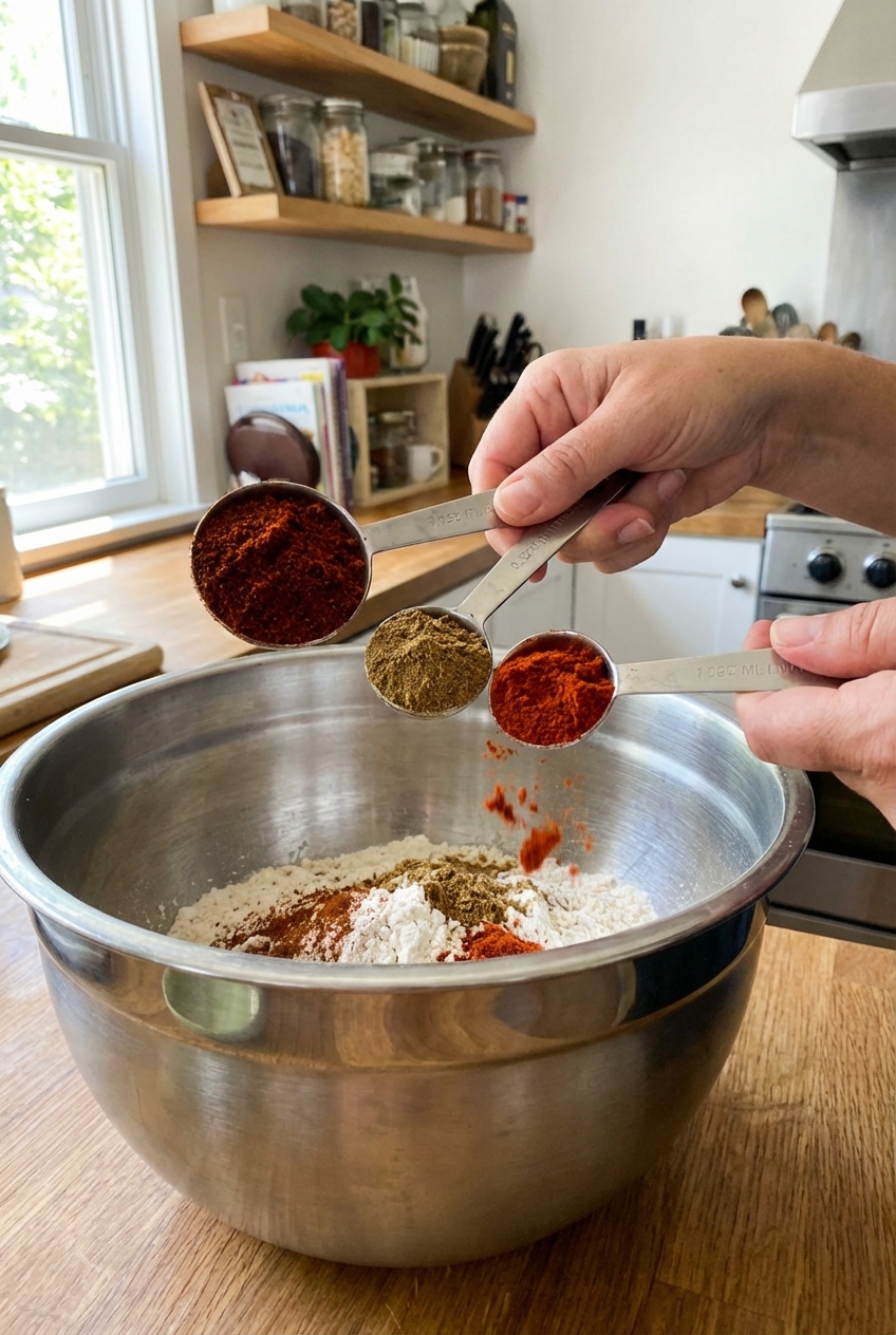 Measuring spoons of chili powder, cumin, and paprika over a mixing bowl