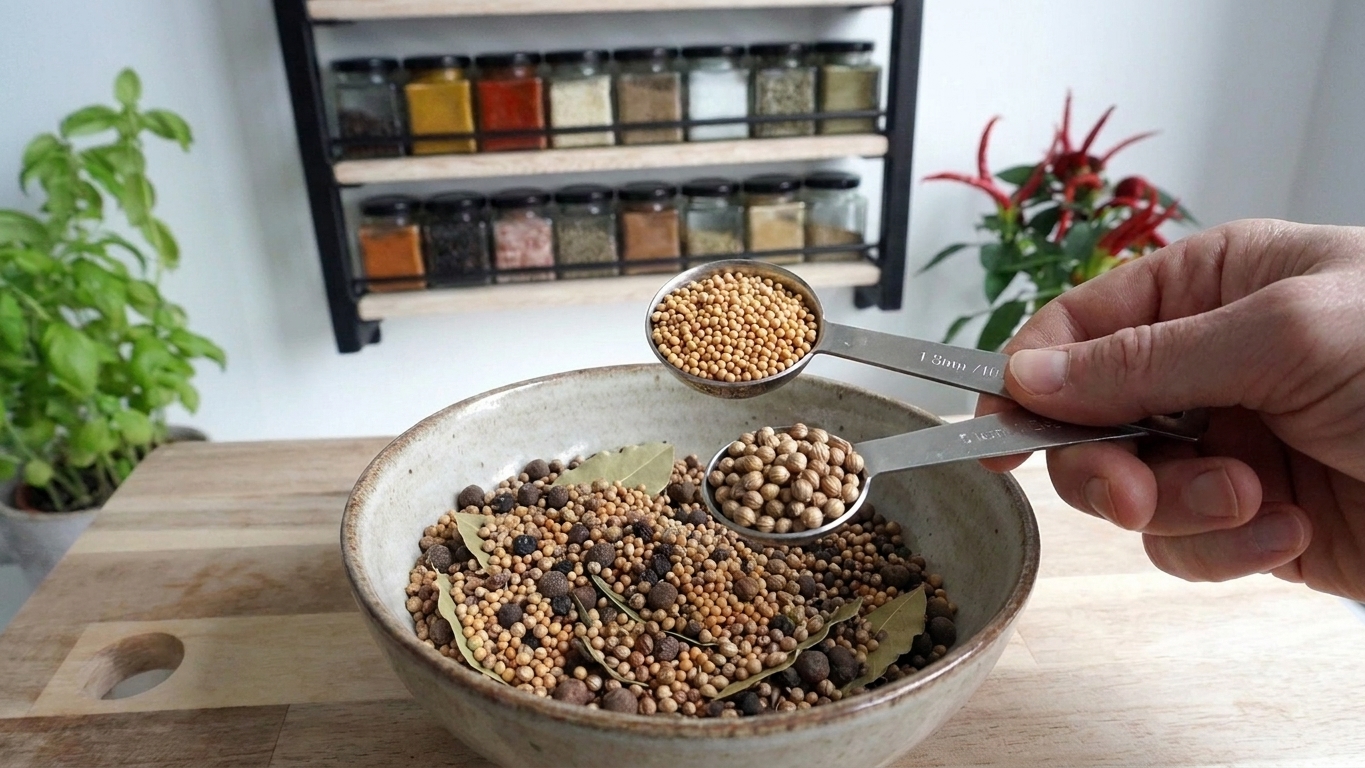 Measuring spoons of mustard seeds and coriander seeds over a mixing bowl filled with whole spices on a kitchen counter