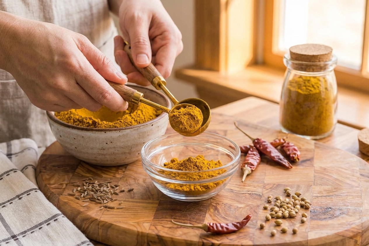 Measuring spoons portioning ground spices into a small glass bowl on a kitchen counter in warm natural light