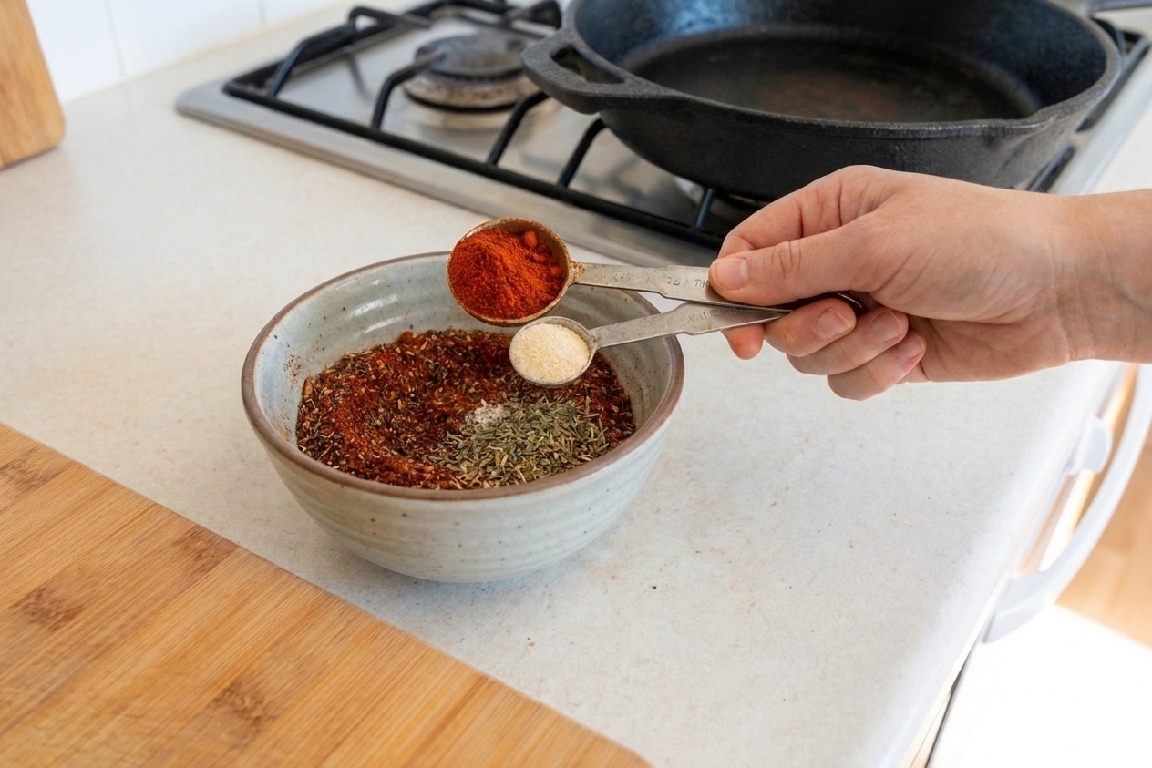 Measuring spoons portioning paprika, garlic powder, and dried herbs into a small bowl on a kitchen counter