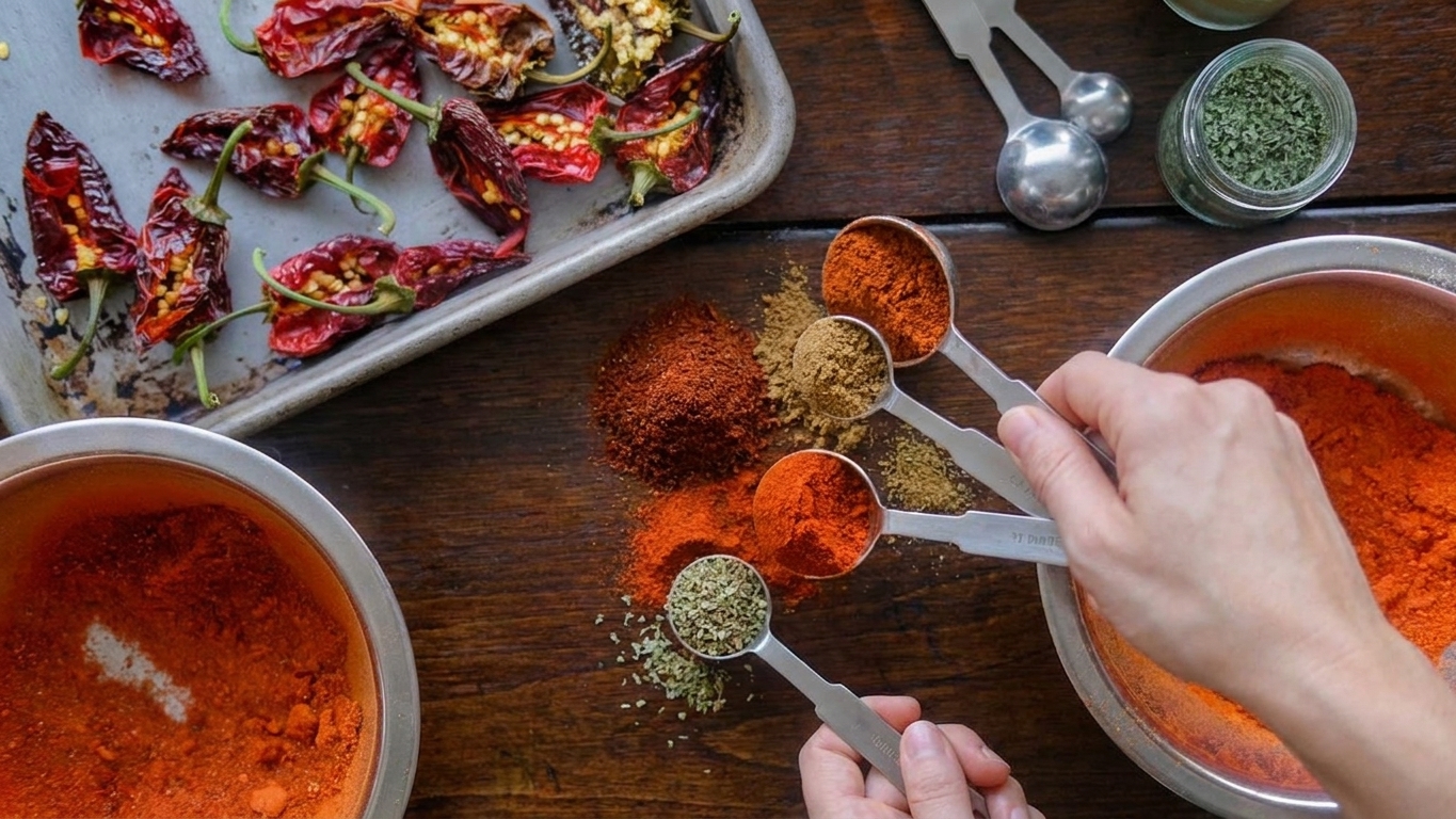 Measuring spoons scooping chili powder, ground cumin, smoked paprika, and oregano on a clean kitchen counter
