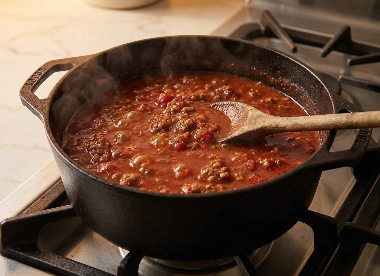 Meat sauce gently simmering in a Dutch oven with small bubbles on the surface, rich red color and visible meat