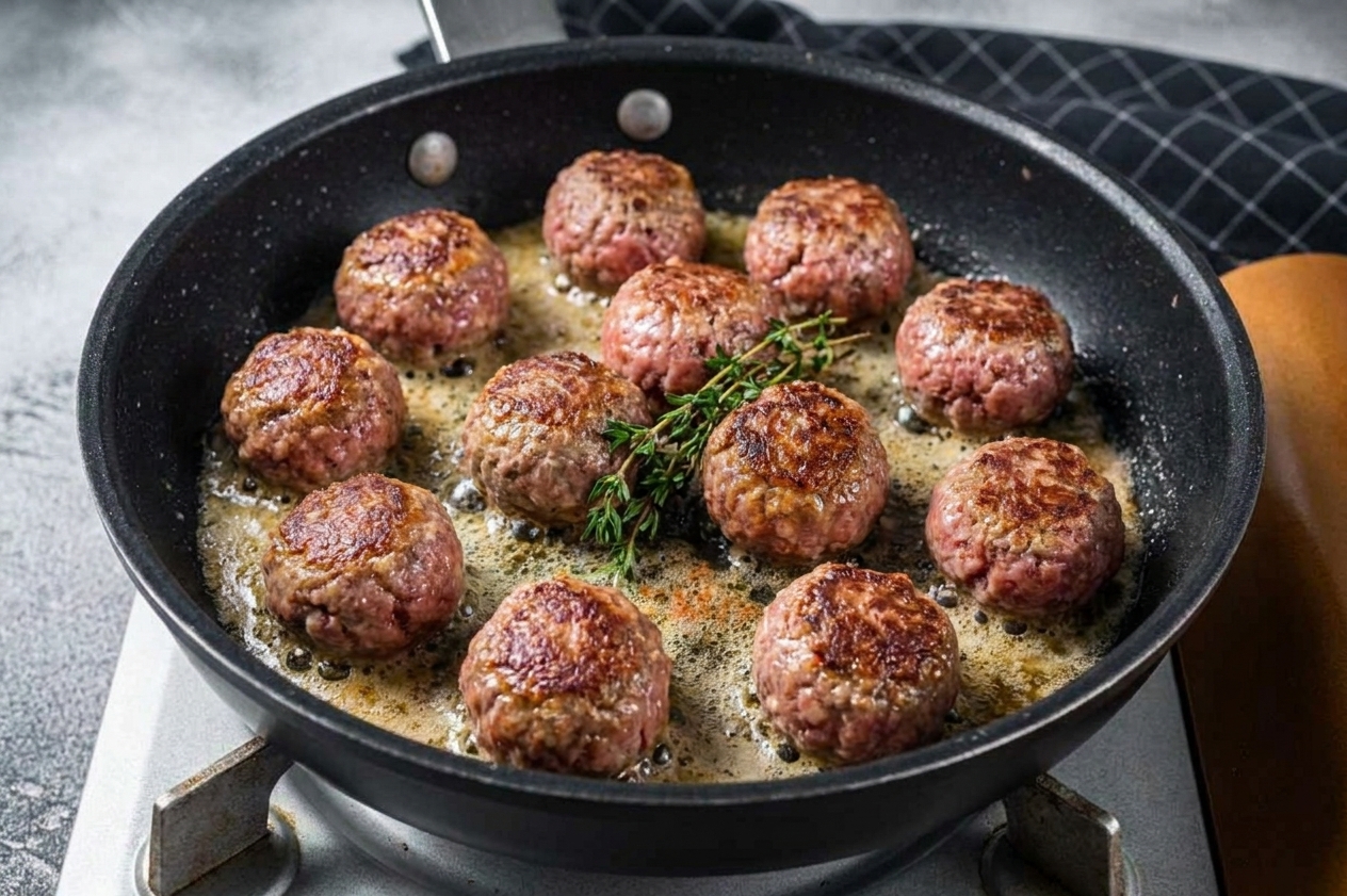 Meatballs browning in a buttered skillet with a golden crust forming on the edges