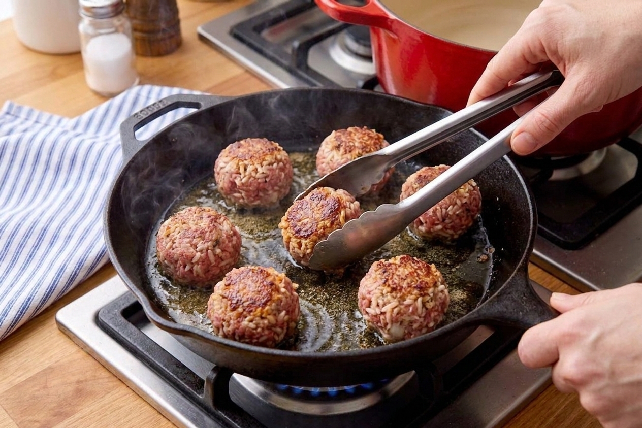 Meatballs browning in a deep skillet with a light sheen of oil, with tongs turning one meatball