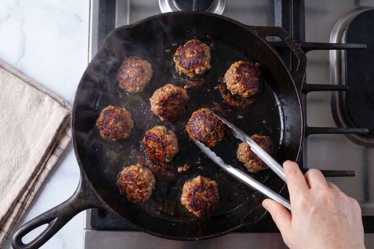 Meatballs browning in a hot skillet with crisp edges forming on a stovetop