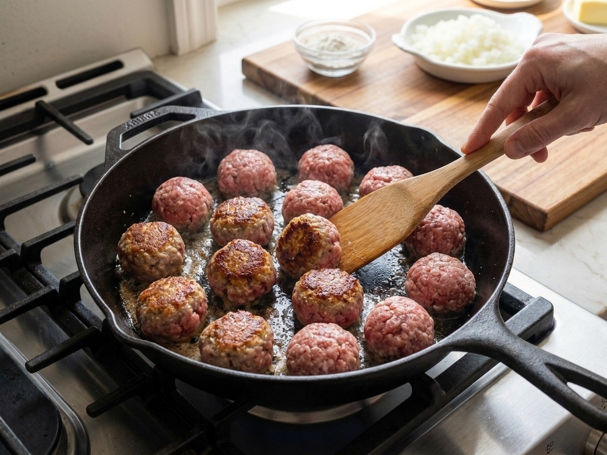 Meatballs browning in a skillet with a golden crust forming