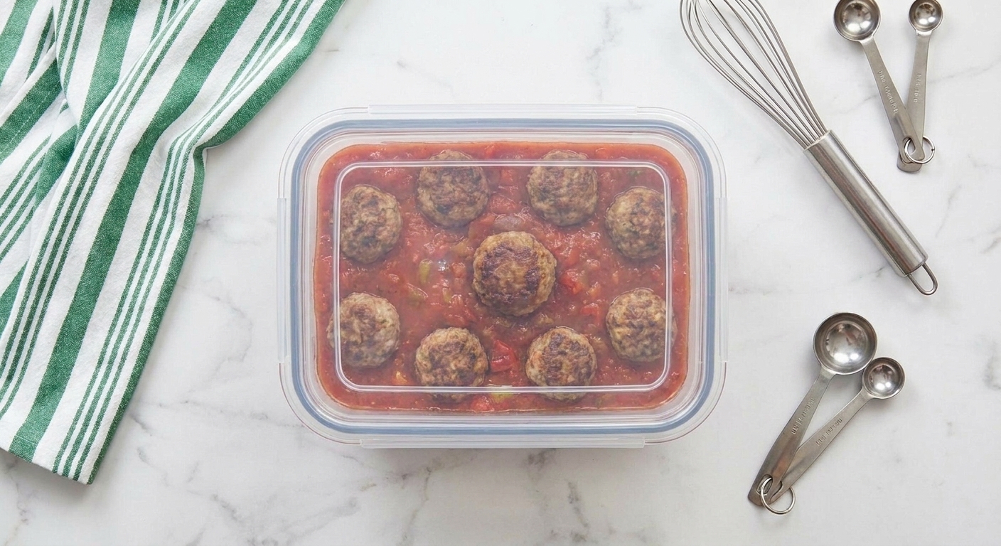 Meatballs in red sauce stored in a clear glass meal prep container with a tight lid on a kitchen counter
