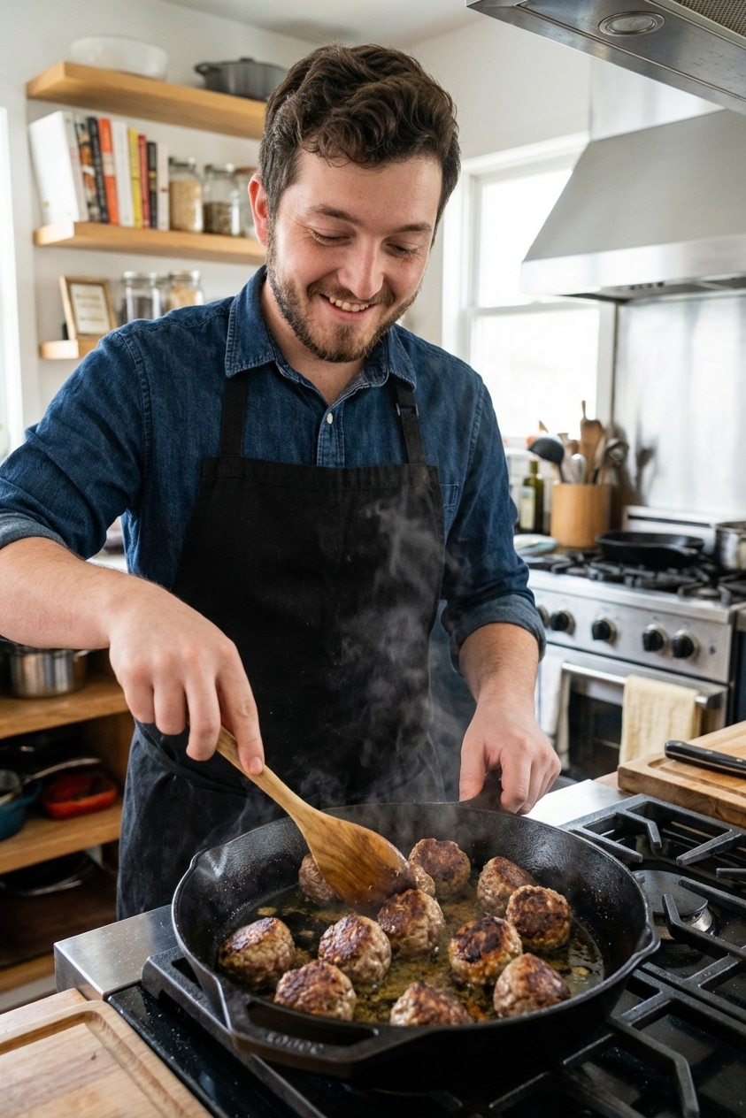 Meatballs searing in a cast iron skillet with crisp browned edges, a thin sheen of olive oil, and a wooden spoon nearby, real food photography
