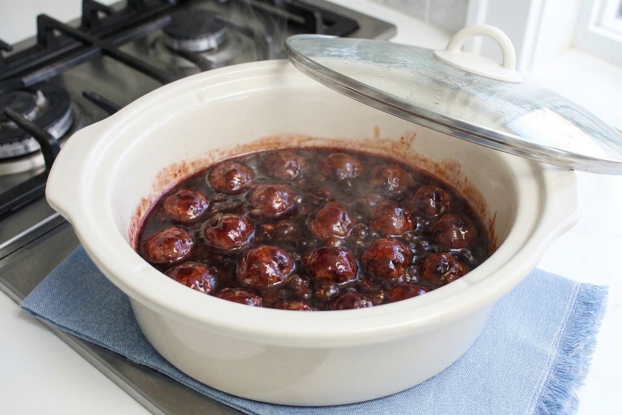 Meatballs simmering in a glossy sweet and tangy sauce in a large saucepan on a stovetop