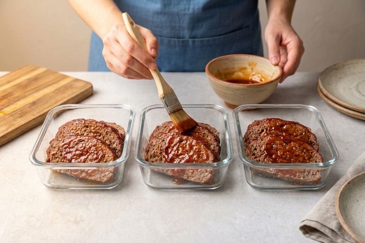 Meatloaf slices portioned into glass meal prep containers with extra glaze on top on a kitchen counter.