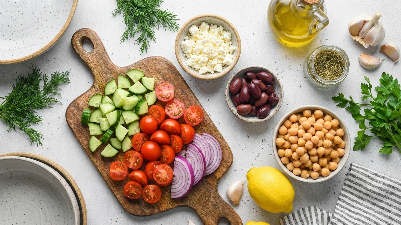 Mediterranean salad ingredients on a kitchen counter including cucumbers, cherry tomatoes, red onion, feta, kalamata olives, canned chickpeas, lemons, garlic, olive oil, and dried oregano