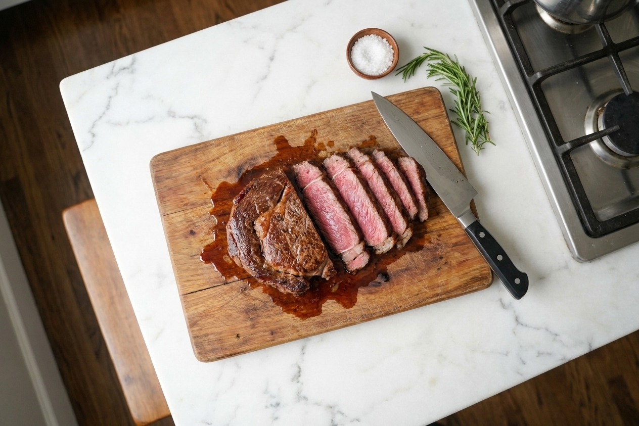 Medium-rare steak sliced against the grain on a wooden cutting board with resting juices nearby