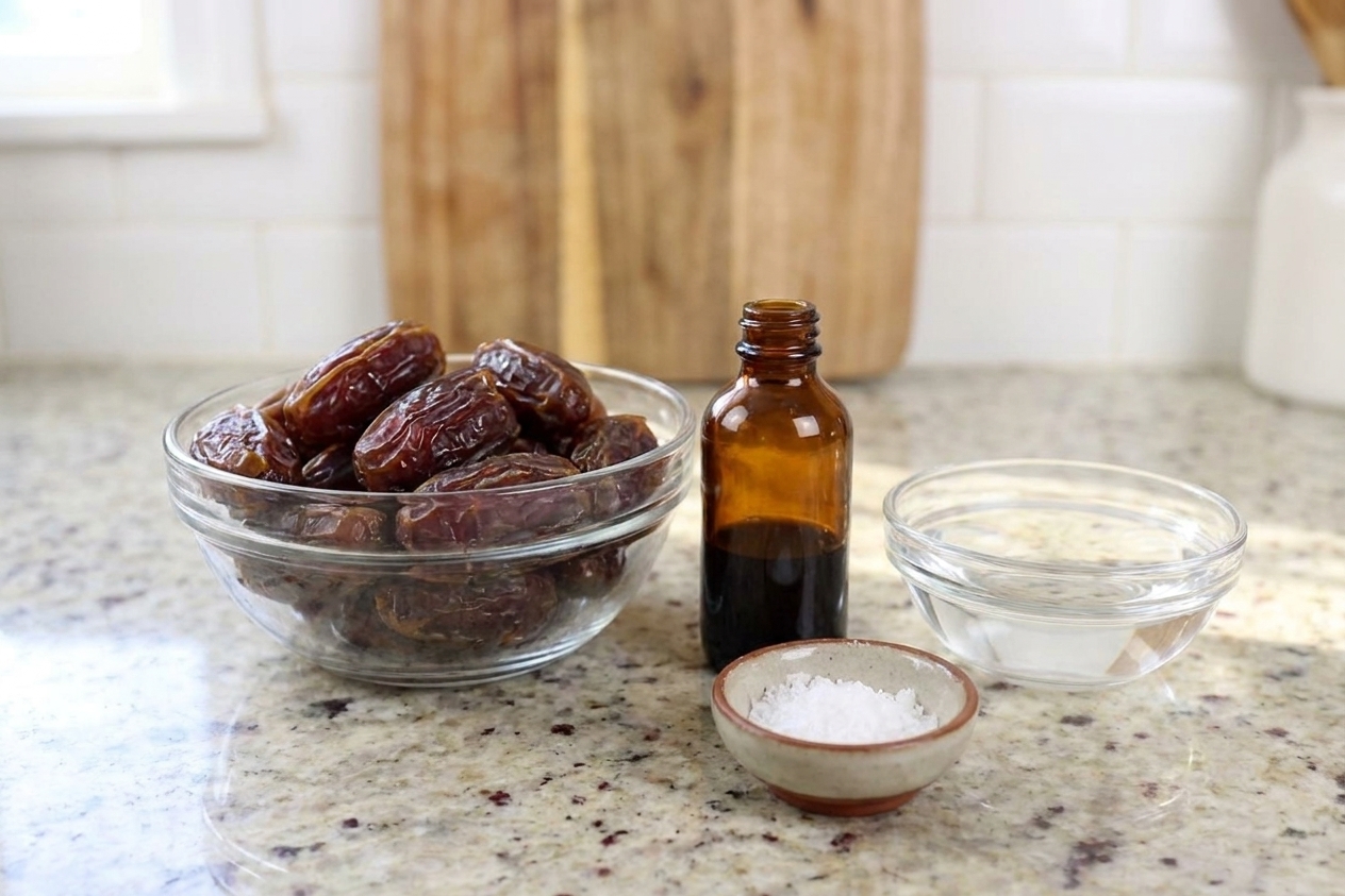 Medjool dates, vanilla extract, flaky salt, and a small bowl of water arranged on a bright kitchen counter